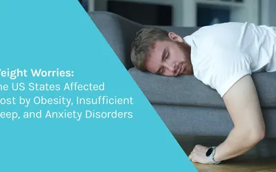 Man in a white t-shirt lying face down across a gray sofa, with the title Weight Worries: the US states affected most by obesity, insufficient sleep and anxiety disorders