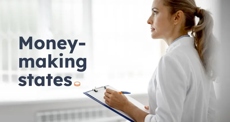 Healthcare professional in a white coat holding a clipboard and looking out of a bright window, with the title Money-making states