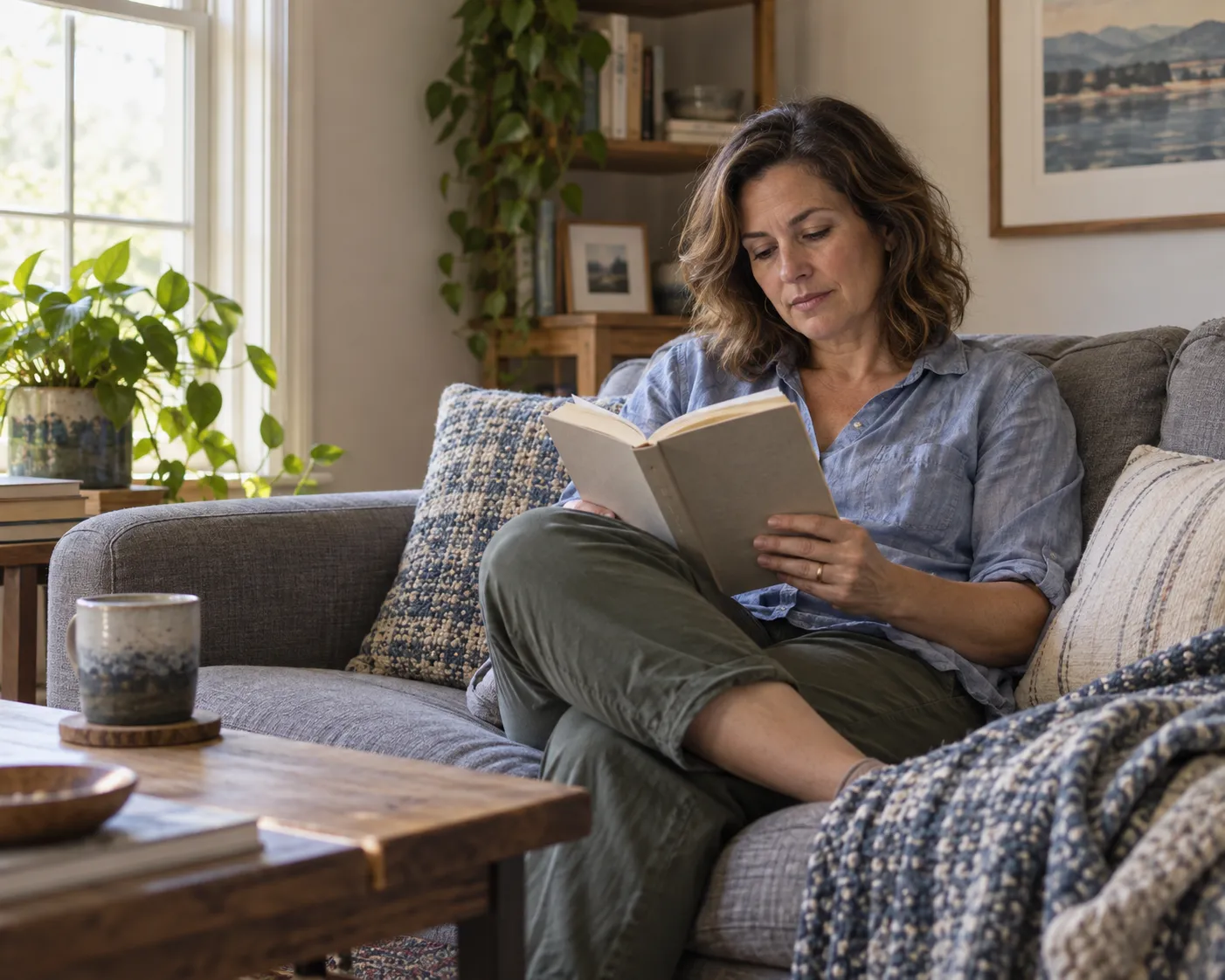 Woman reading a book on a couch at home, with a mug of tea and houseplants nearby