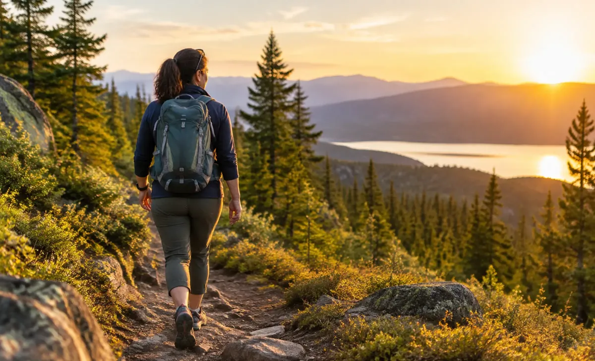 Adult hiking a forest trail surrounded by trees, reflecting the everyday energy and steady routine compounded tirzepatide is used to support