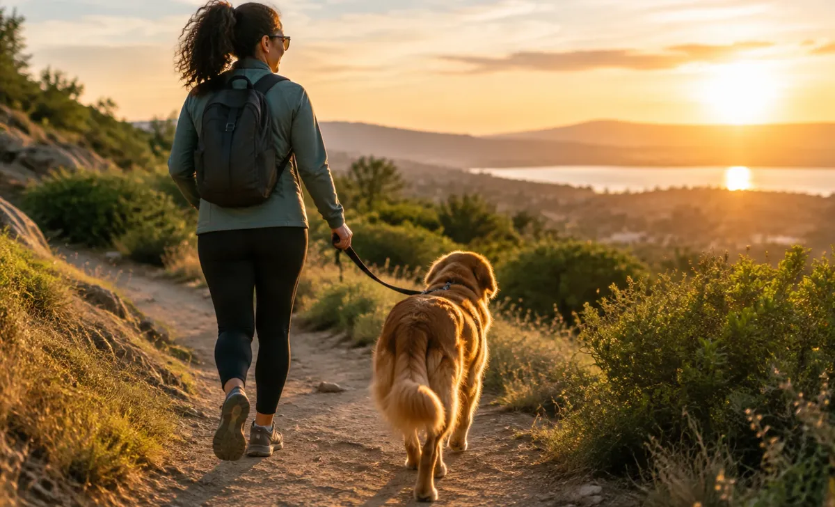 Adult walking a dog outdoors on a sunny trail, reflecting the everyday energy and steady routine semaglutide microdose is used to support